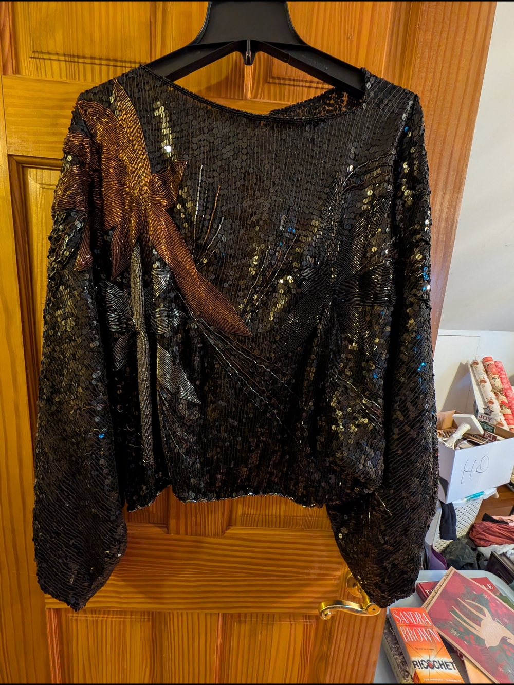 Black Sequin Long-Sleeve Party Top with Metallic Bow Accent - Picture 3 of 8
